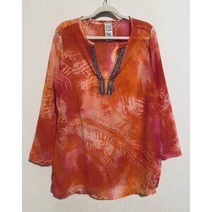Chicos Top Womens Large Pink Orange Tie-Dye Beaded Tunic Sheer Boho Flowy Beachy